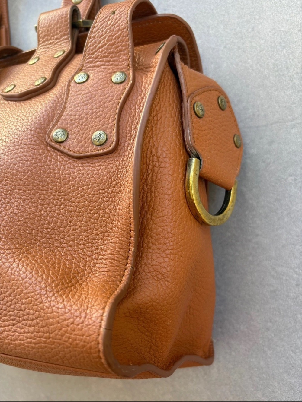 Mulberry Orange-Tan Pebbled Leather Satchel with Buckle Pockets - Picture 12 of 16